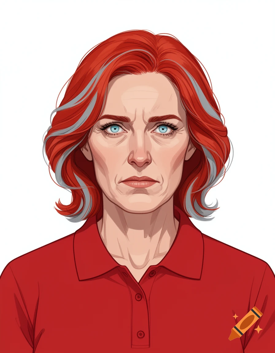 Illustration of a red-haired woman with gray streaks and light blue eyes, wearing a red polo shirt, with a stern expression.