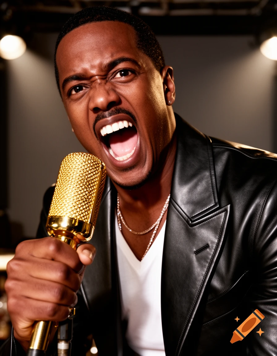 A man with a mustache screams passionately into a golden microphone, under bright stage lights in a photorealistic style.
