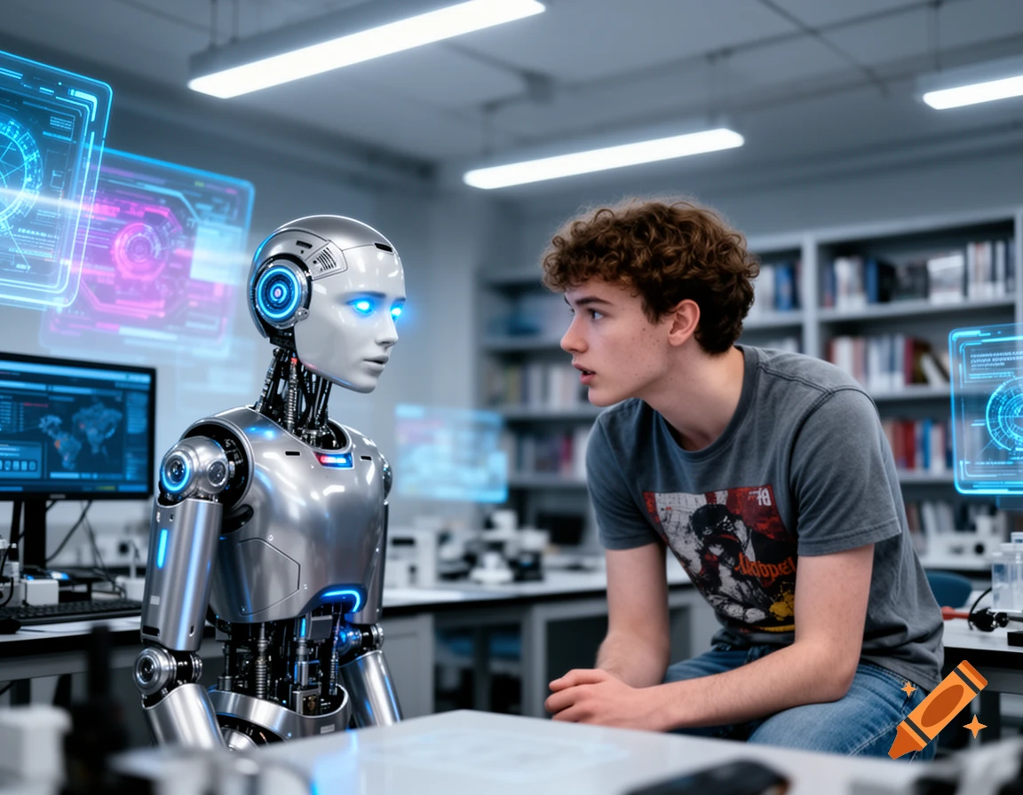 A student looks at a humanoid robot with glowing blue eyes in a modern science laboratory with holographic displays.