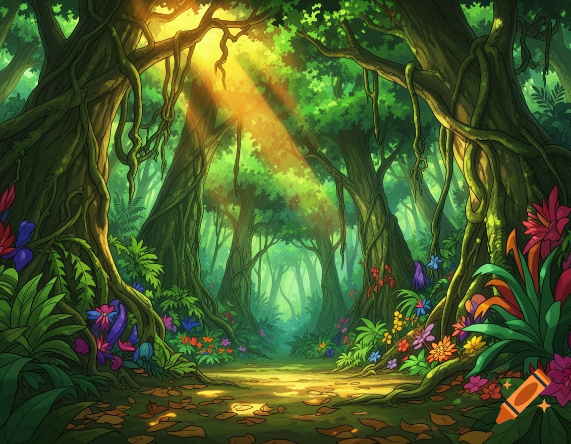 A vibrant, cartoon-style jungle with large trees, tangled vines, colorful exotic flowers, and sun rays shining through the canopy.
