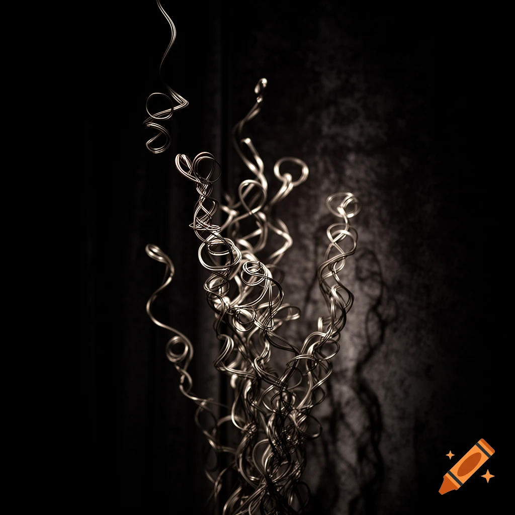 Glowing, twisted metallic wires form an abstract sculpture against a dark, textured background.