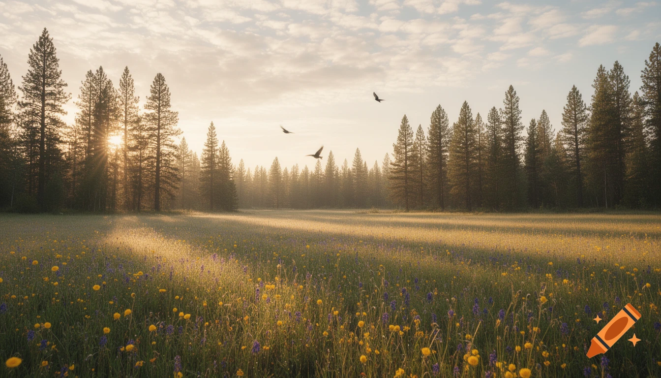 Sunlight streams through a forest into a field of yellow and purple wildflowers, with birds flying under a cloudy sky.