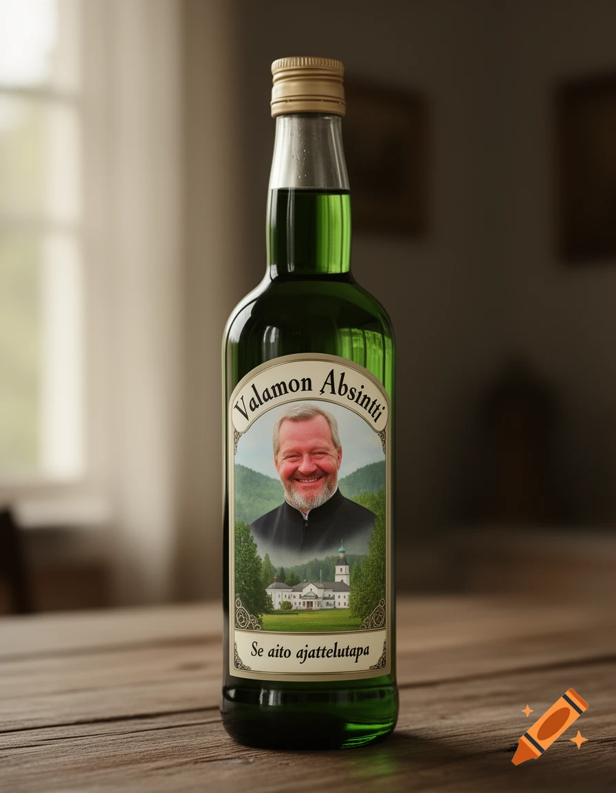 Photorealistic green absinthe bottle on a wooden table, featuring a label with a smiling monk, a monastery, trees, and text "Valamon Absintti".