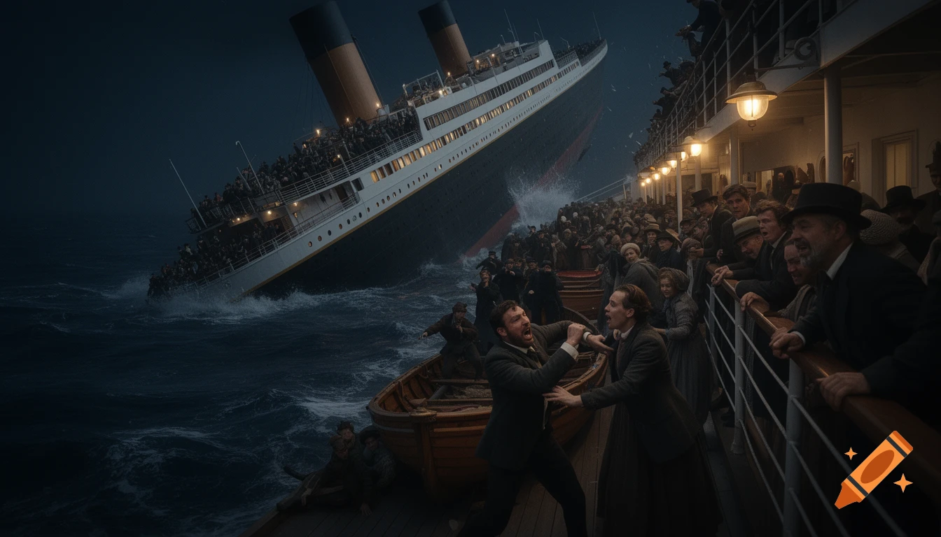 Photorealistic scene of the Titanic sinking at night, with passengers in panic on the deck and two men fighting near a lifeboat.