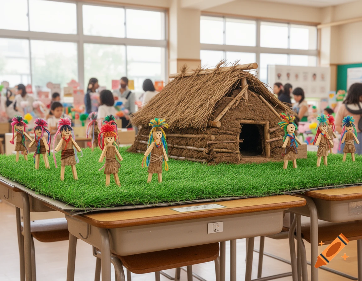 A miniature Jomon pit dwelling model with wooden stick figures on school desks, resembling a school festival craft display.
