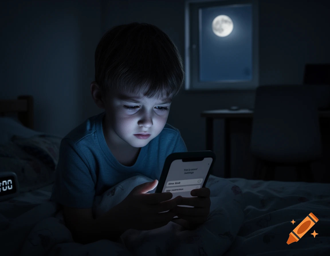 A young boy sits in bed at night, illuminated by the glow of a smartphone screen, with a full moon visible outside his window.