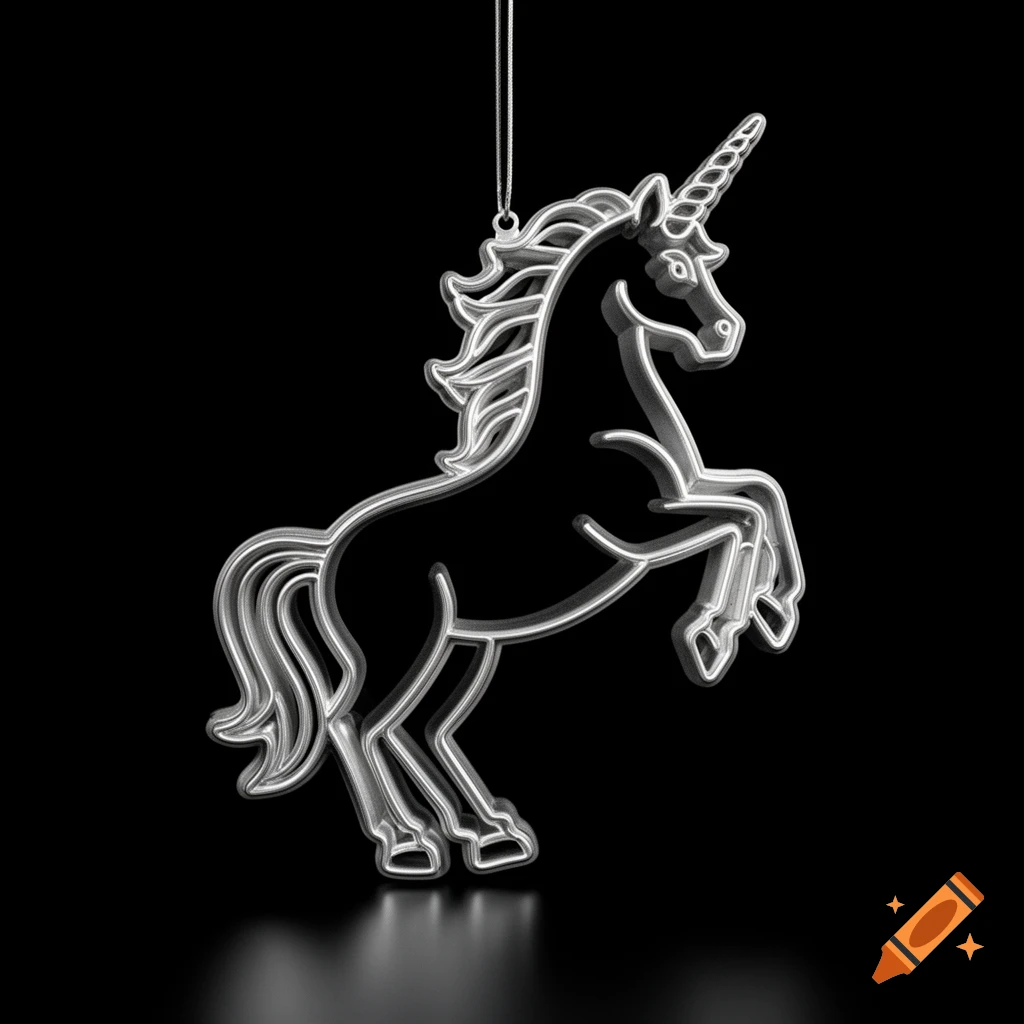 A shiny silver metallic unicorn cookie cutter hanging like an ornament against a dark background, reflecting light.
