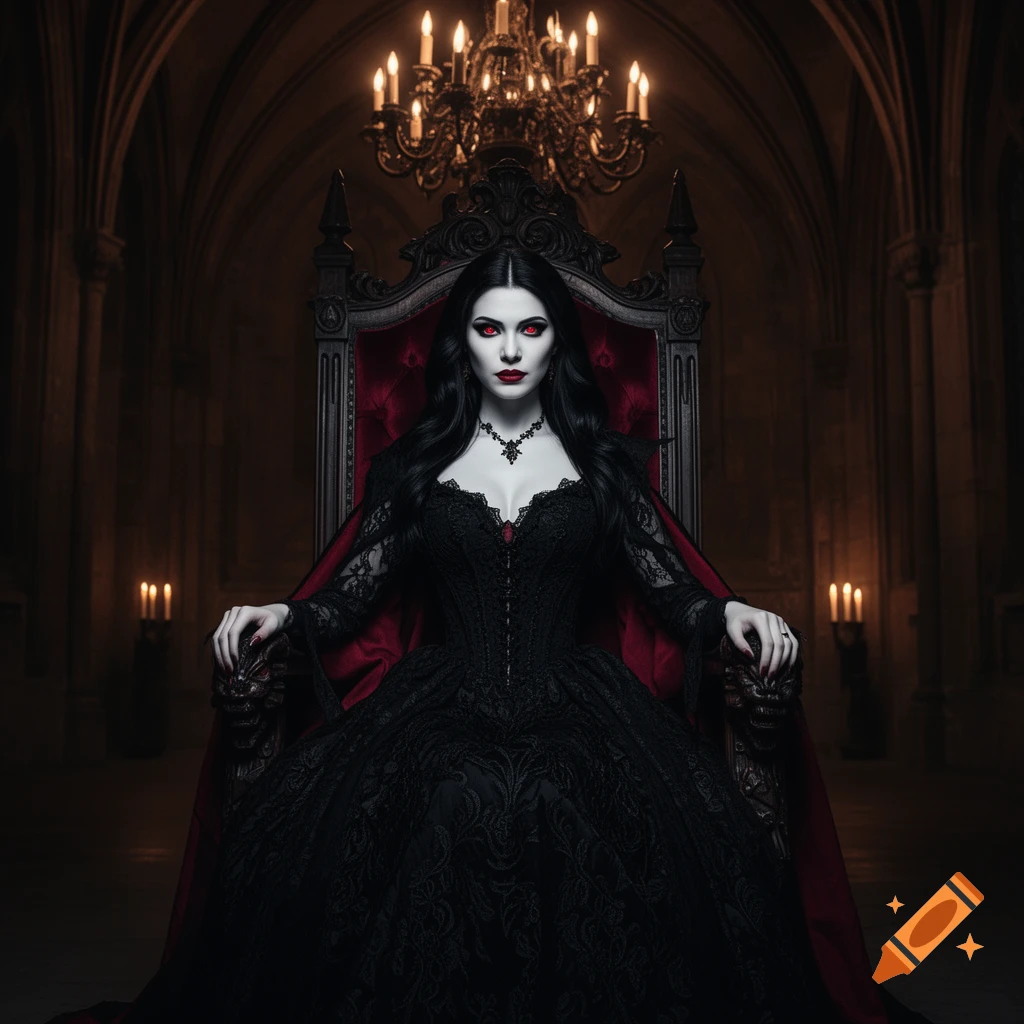 A photorealistic gothic vampire queen with red eyes sits on an ornate throne in a dark, candlelit castle.