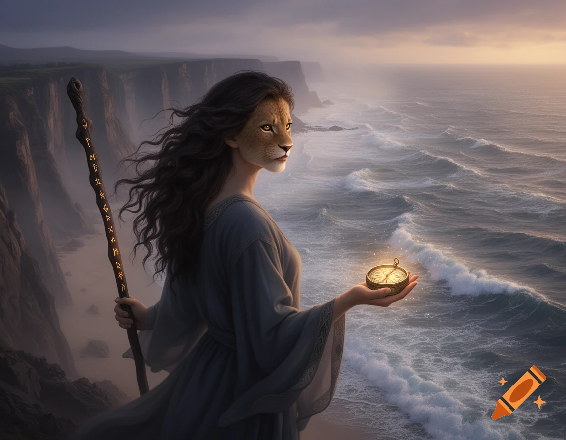 A lion-faced woman in a flowing tunic stands on cliffs overlooking a stormy sea at dusk, holding a glowing staff and compass.