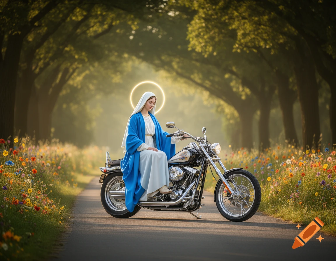 Photorealistic Virgin Mary with halo on a classic Harley-Davidson motorcycle on a tree-lined path with wildflowers.