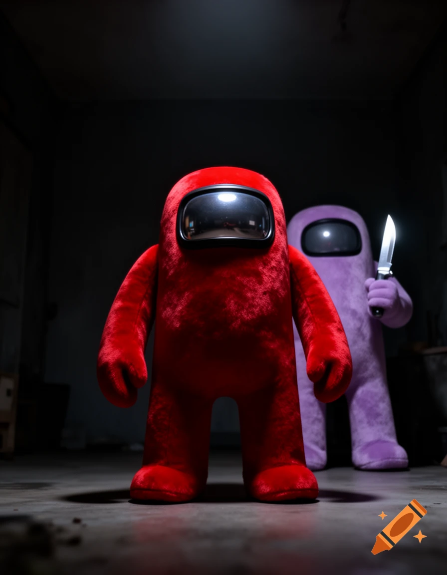Red Among Us plush stands in a dark room, unaware of the purple Among Us plush holding a knife behind it.