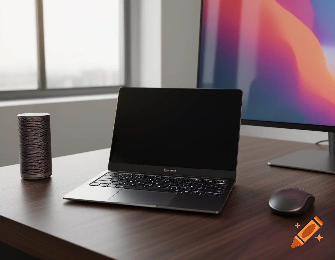 A modern office desk setup featuring an open laptop, a large monitor displaying abstract art, a cylindrical speaker, and a computer mouse.