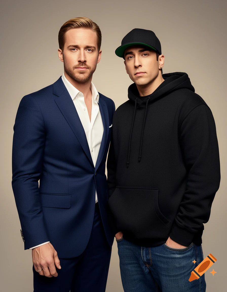 A man resembling Ryan Gosling in a blue suit and white shirt stands next to a man resembling Eminem in a black hoodie and cap, both posing. Photorealistic style.
