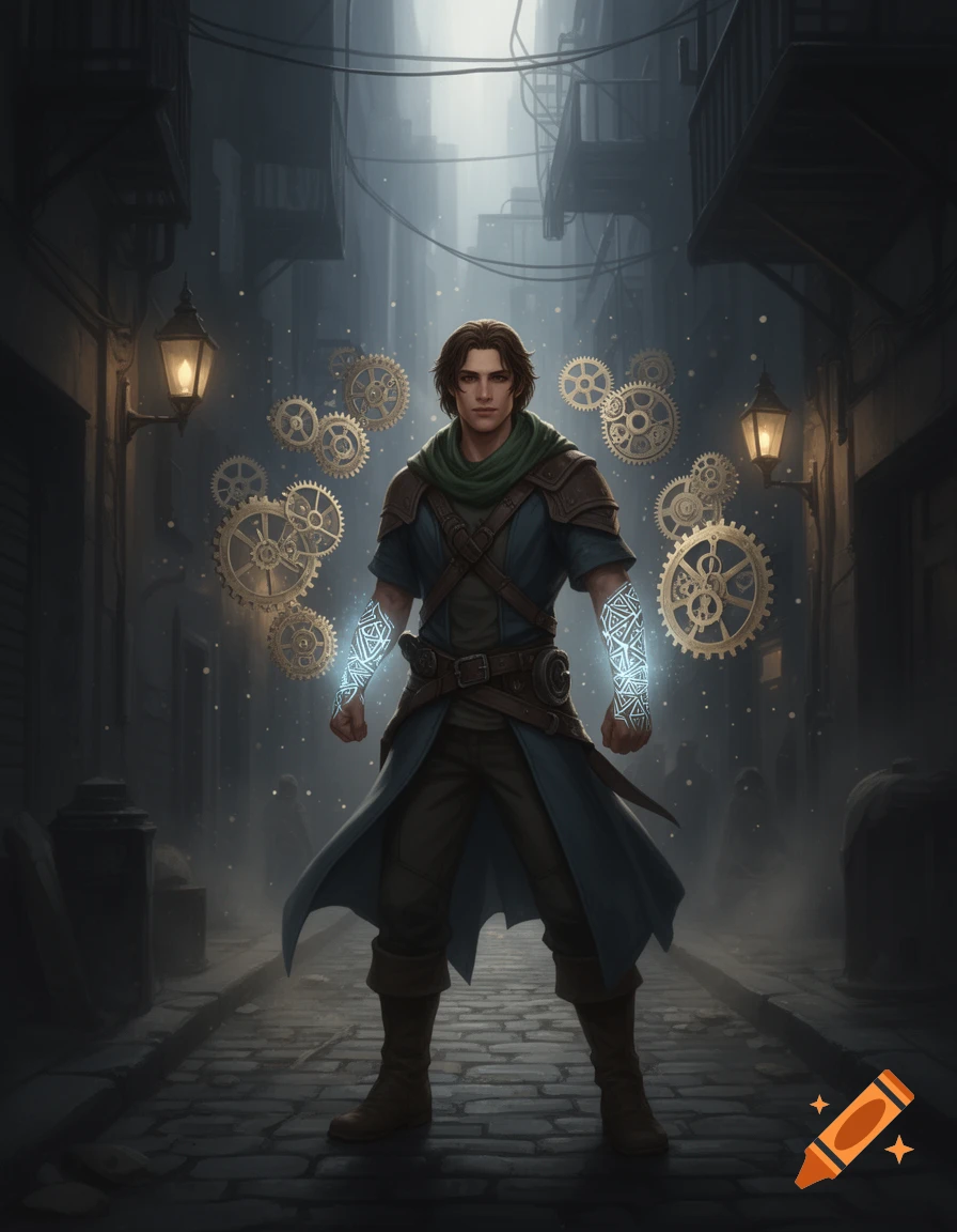 A fantasy character with glowing forearms and floating clockwork gears stands in a dark urban alleyway.