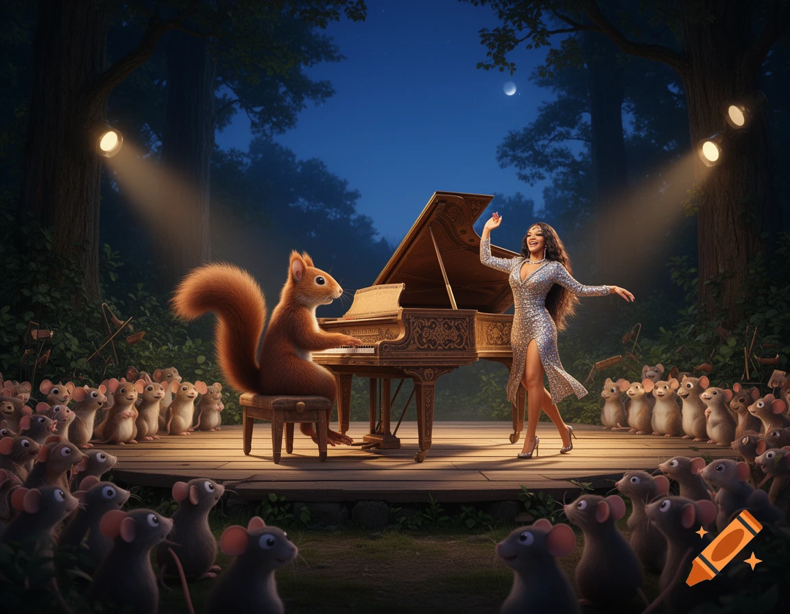 A photorealistic fantasy scene of a squirrel playing a grand piano and a woman in a sparkly dress dancing on a stage in a dark forest, with an audience of mice.