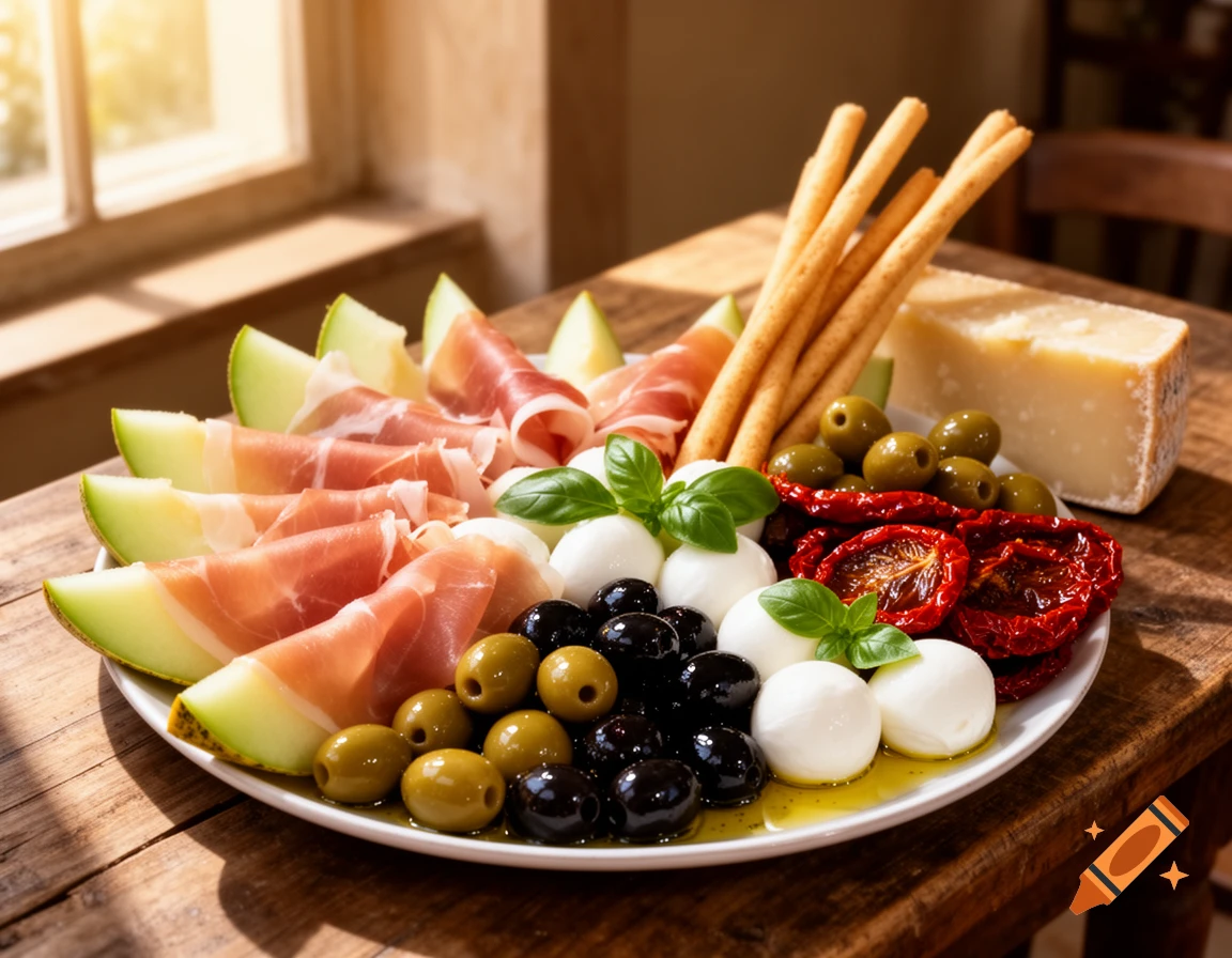 A photorealistic antipasti platter on a wooden table, featuring prosciutto-wrapped melon, mozzarella, olives, sun-dried tomatoes, and breadsticks.