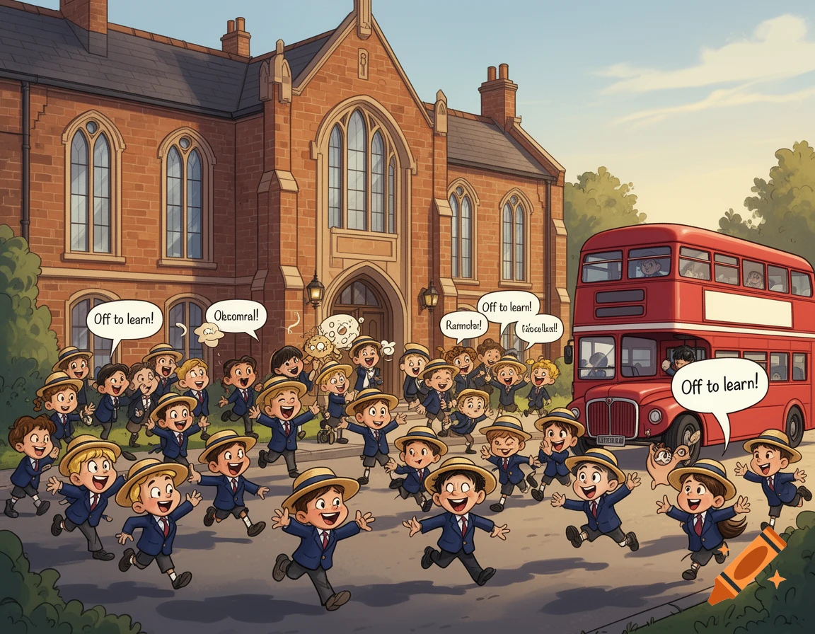 A vibrant cartoon shows a group of excited British schoolchildren in uniform running towards a red double-decker bus outside a brick school building.