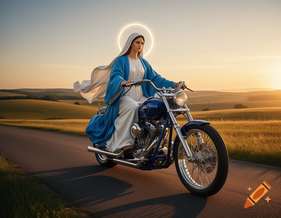 Virgin Mary riding a blue vintage chopper motorcycle down a country road at sunset, with a glow around her head.