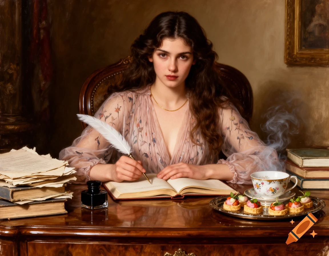 A young Italian woman with long dark hair sits at a vintage wooden desk, writing with a quill pen in a notebook. A steaming tea cup and amuse-bouches are on a tray beside her in this classical oil painting.