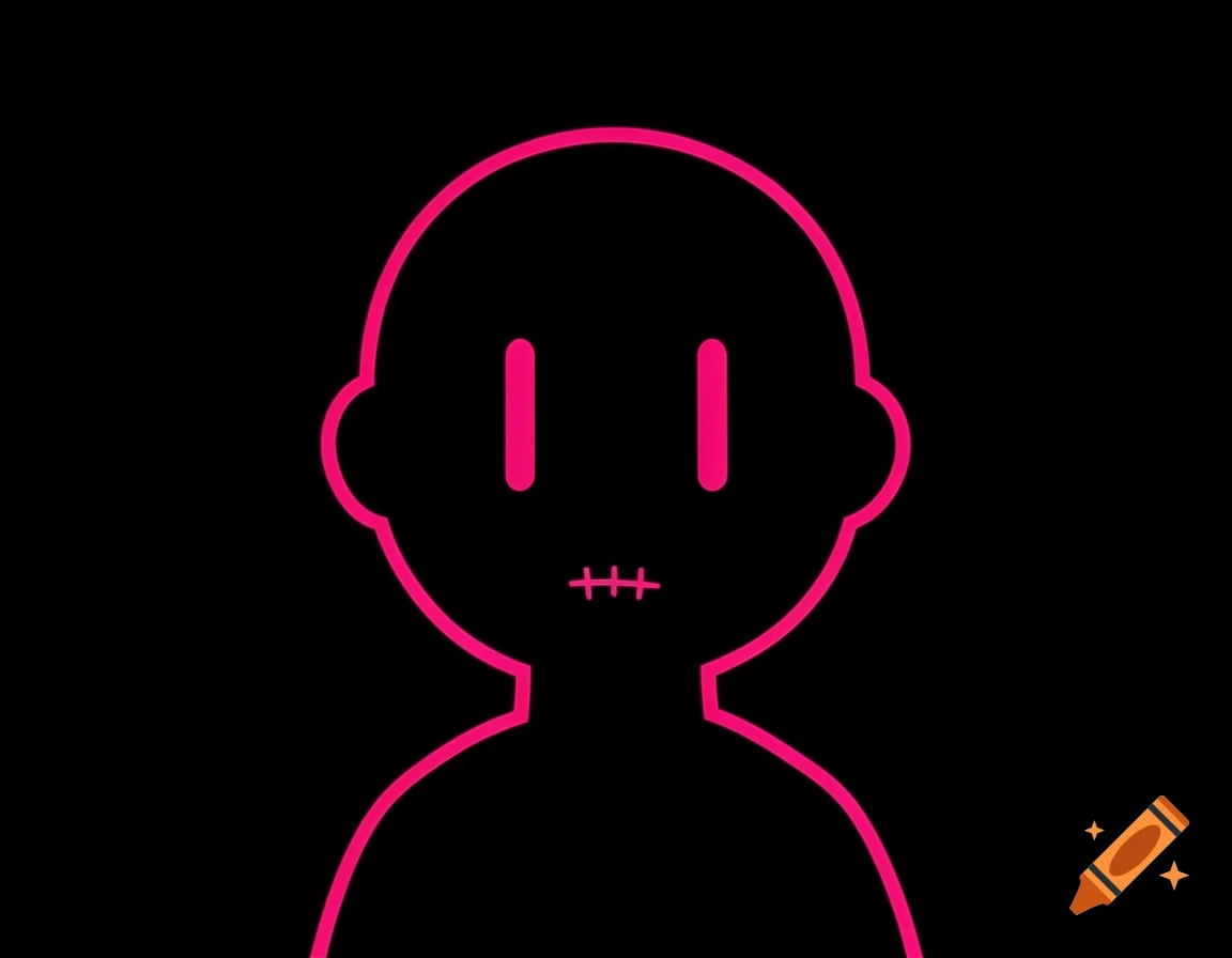 A minimalist, stylized character with a black silhouette, hot pink outline, vertical slit eyes, and a stitched mouth on a black background.