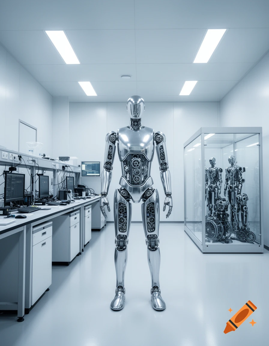 A highly detailed, shiny silver robot stands in a sterile, futuristic laboratory, with more robot parts in a display case.