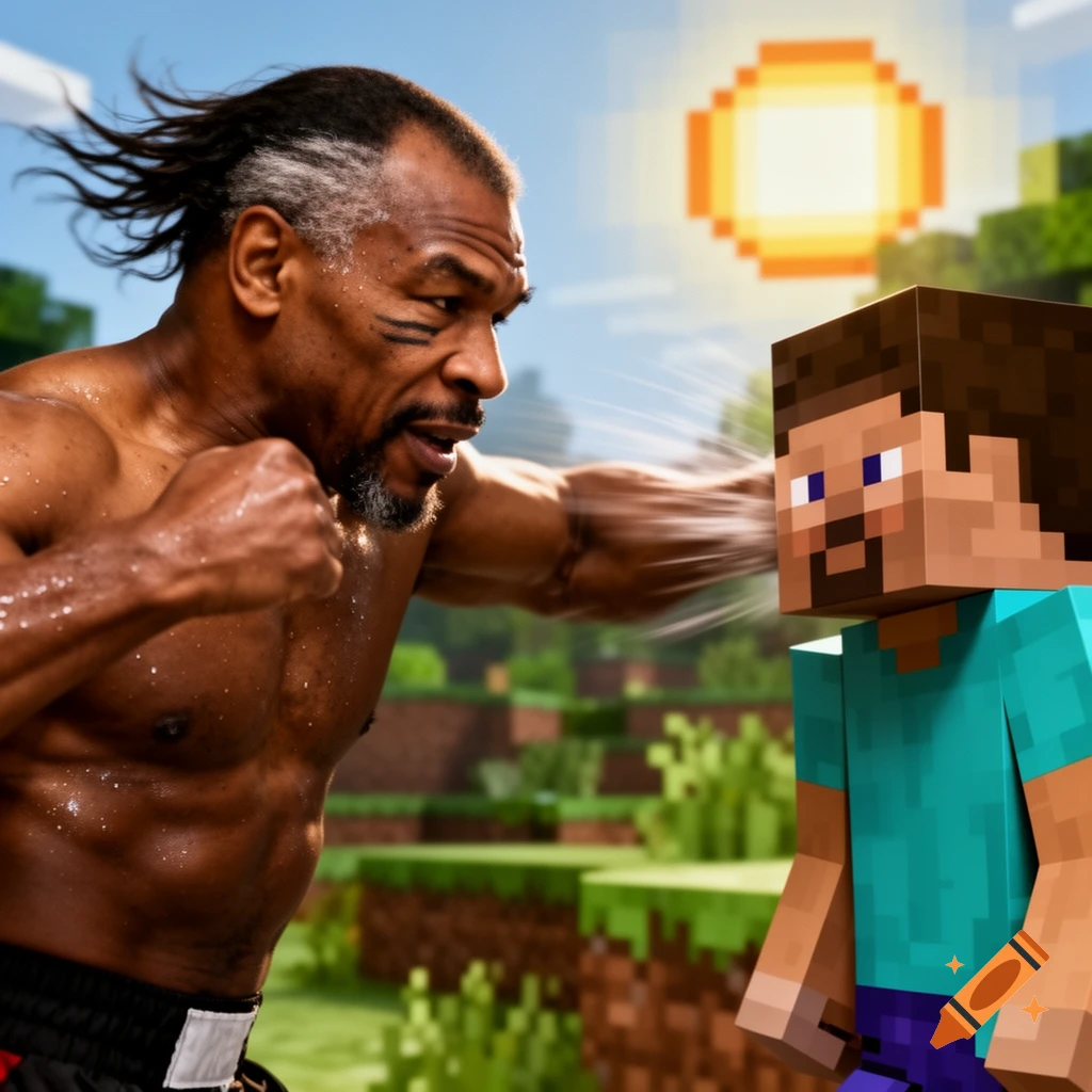Photorealistic Mike Tyson with bare chest and sweat, punching pixelated Minecraft Steve in a blocky landscape under a pixel sun.
