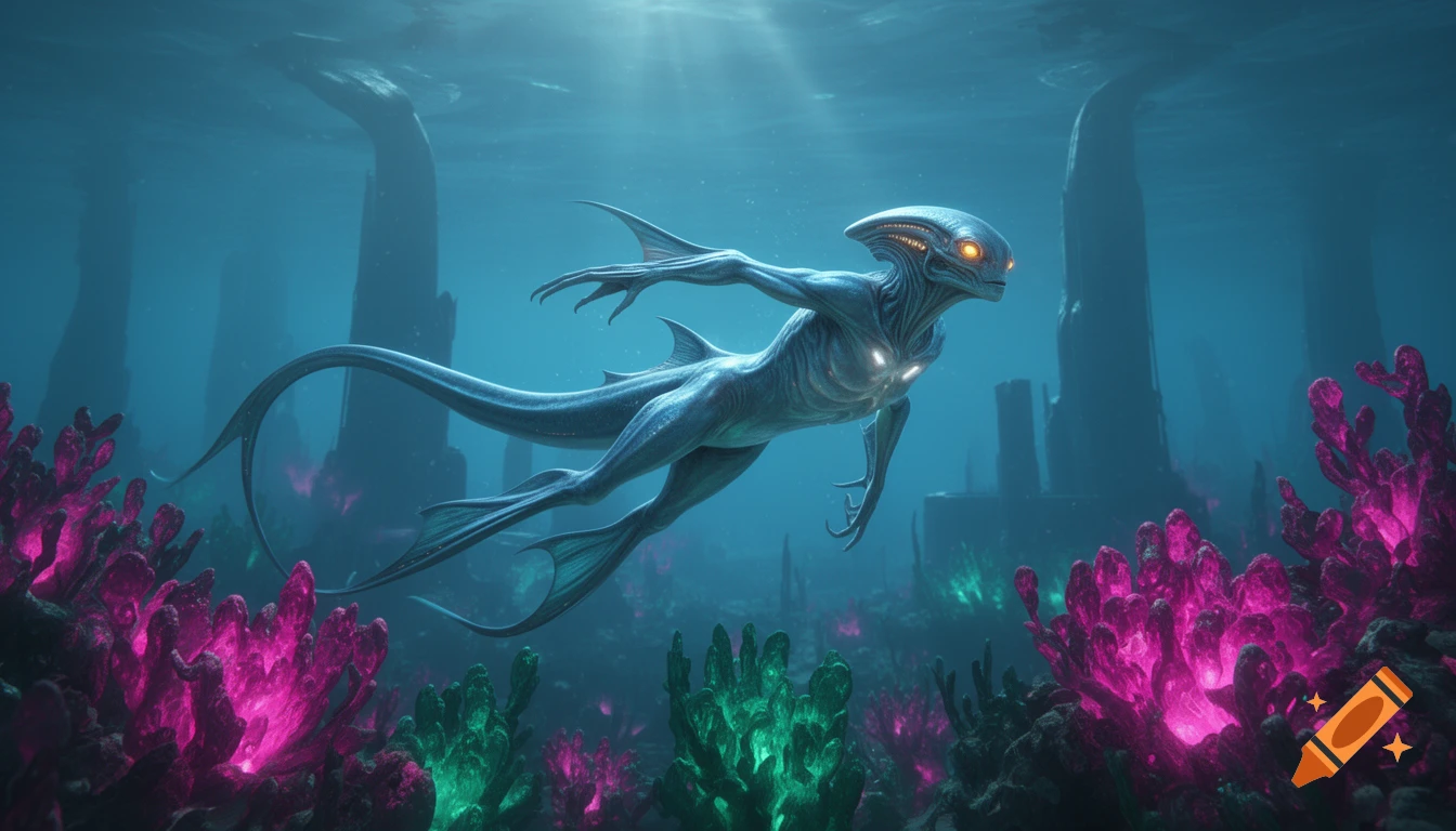 A pale blue aquatic alien with glowing eyes swims in a deep ocean with bright pink and green glowing coral and large dark pillars.