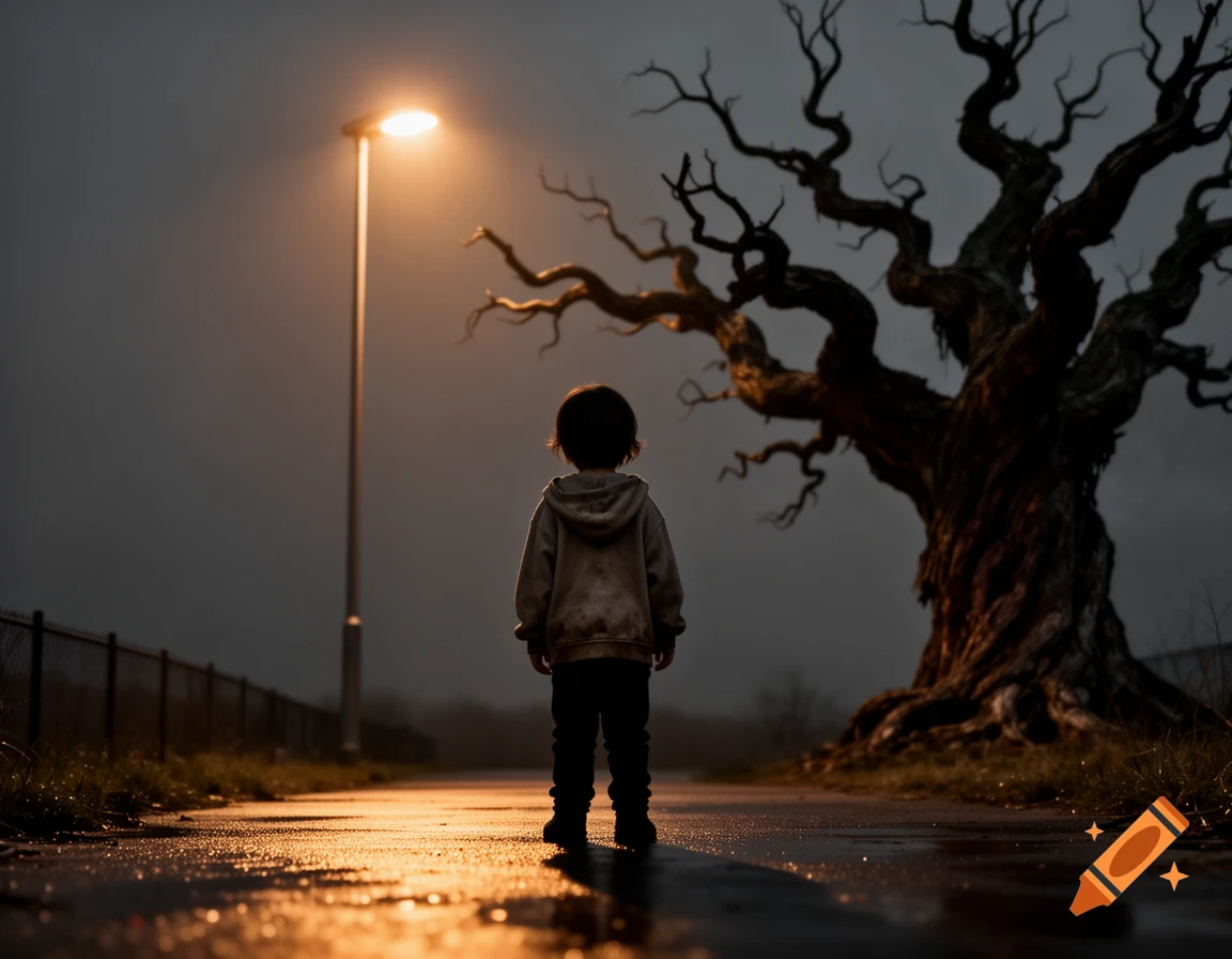 A child stands on a wet path under a glowing street light at night, facing a large, gnarled tree in the dark background.