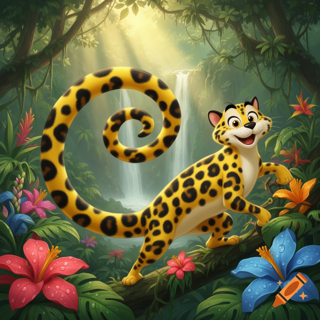 A happy cartoon leopard-like creature with a long, spiraled, spotted tail stands on a branch in a vibrant jungle with a waterfall.