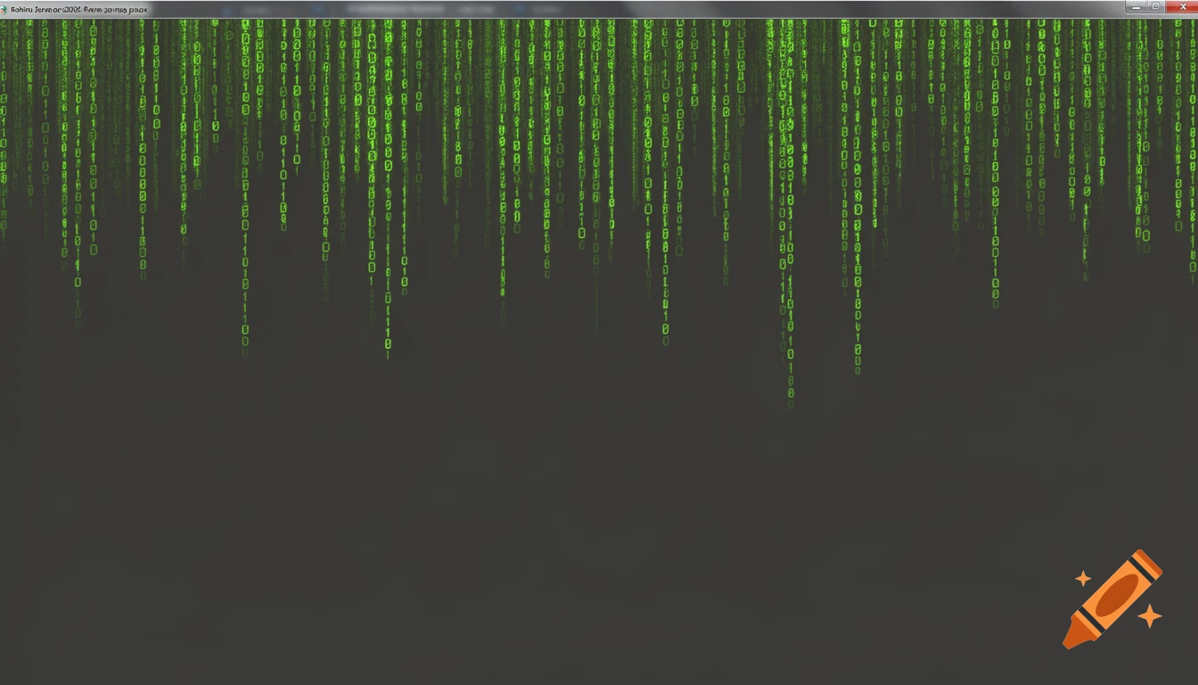 Neon green binary numbers drip down a dark gray background, resembling code in an old 2D gaming interface with an MS Paint look.