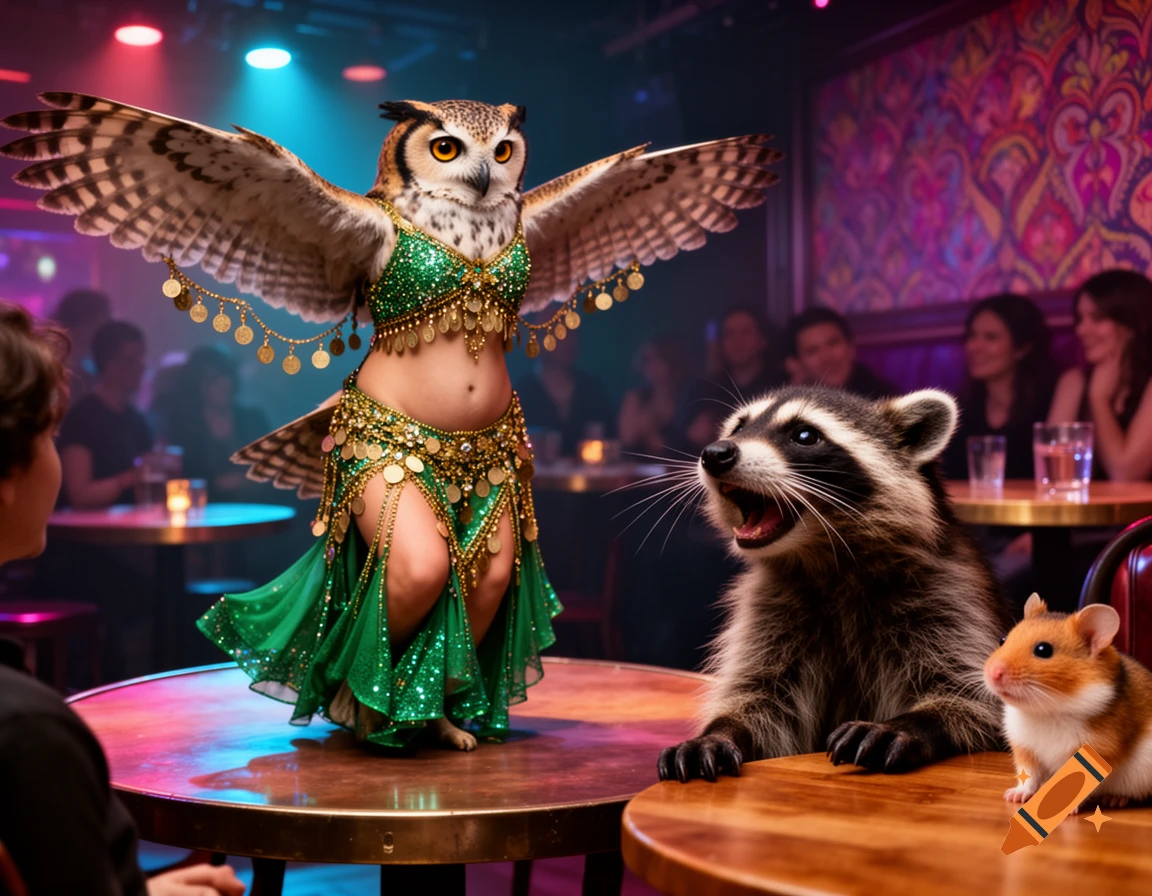 A photorealistic owl in a green bellydancer costume performs on a table in a dimly lit club for a cheering raccoon and a shy hamster.