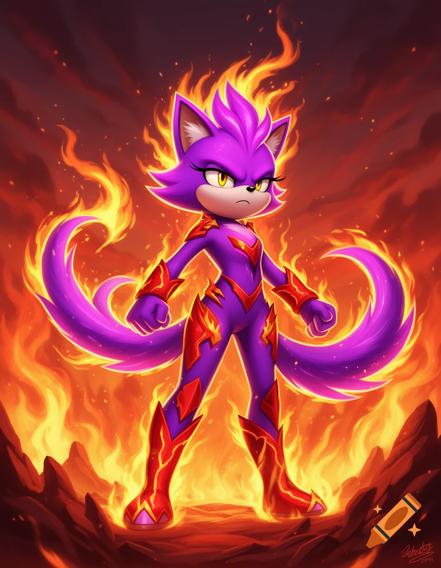 A fierce, purple, cat-like character, Blaze the Cat, stands amidst a blaze of fire, looking determined in a dynamic, stylized art style.