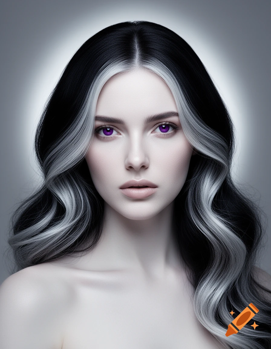 Close-up portrait of a woman with pale skin, striking black and silver wavy hair, and piercing purple eyes, looking directly.