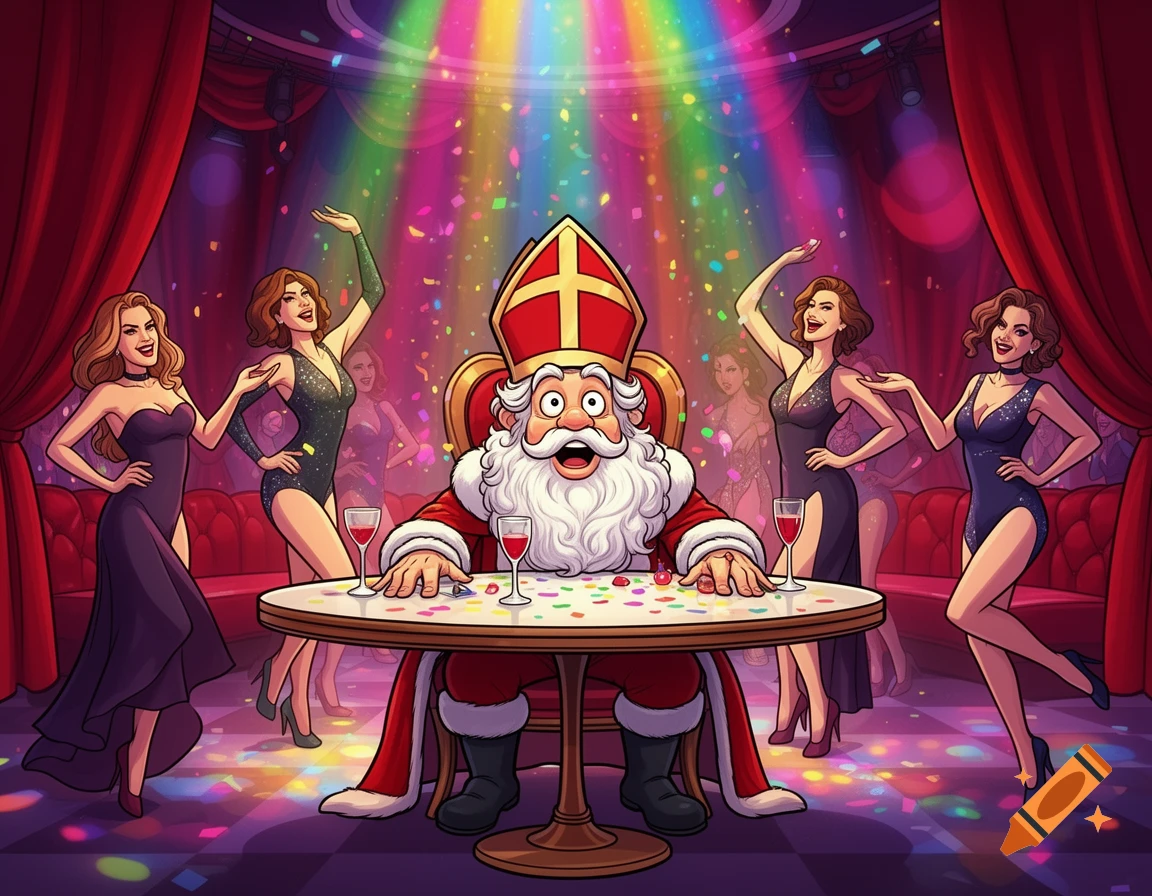 Humorous cartoon of Sinterklaas sitting at a table in a festive nightclub, surrounded by dancing women and confetti.
