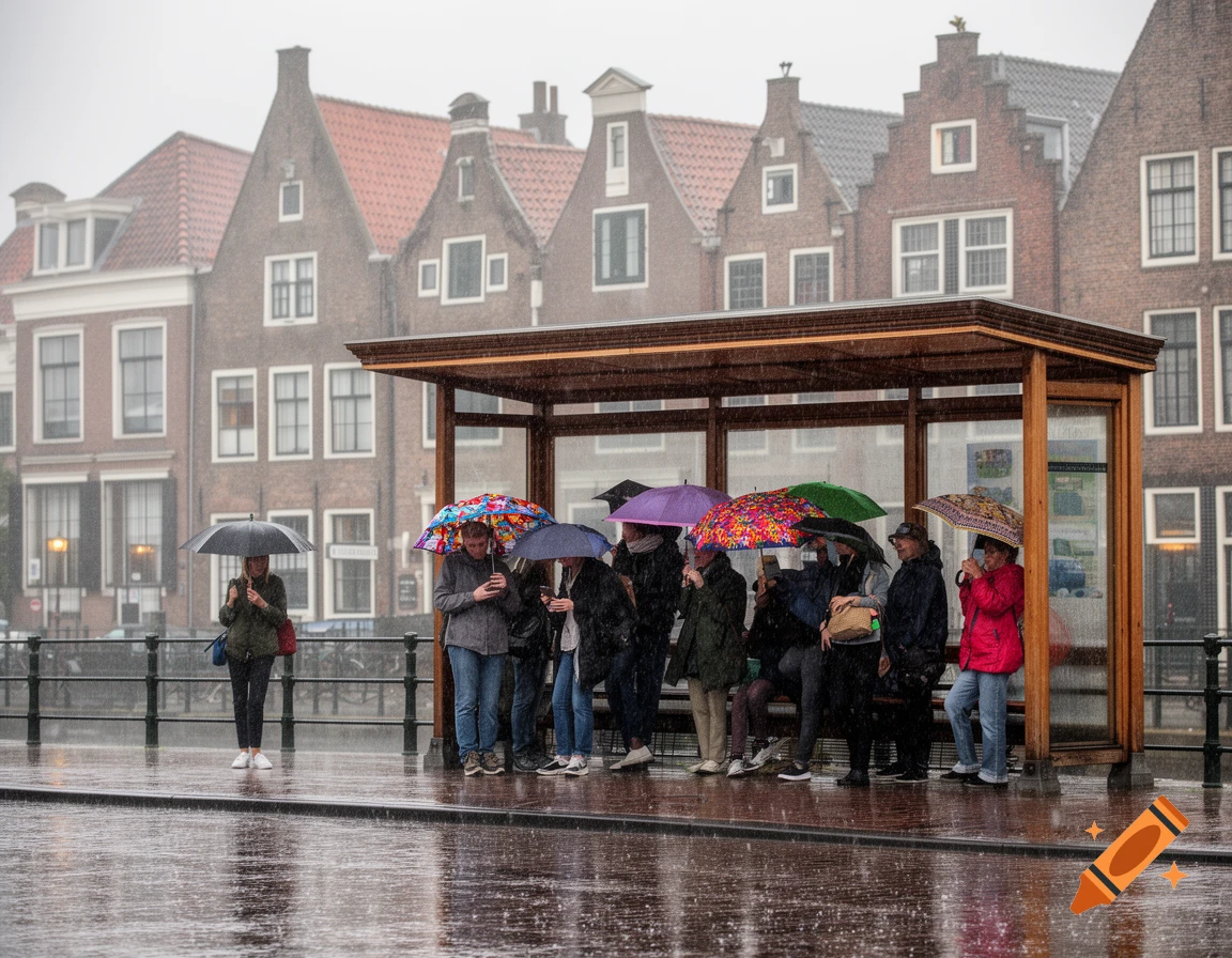 People wait under colorful umbrellas at a bus stop in the rain, with traditional Dutch houses in the background.