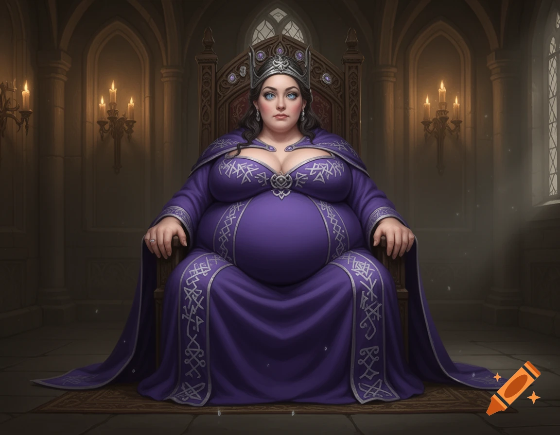 A very large queen with a crown and purple gown sits on an ornate throne in a grand castle hall.