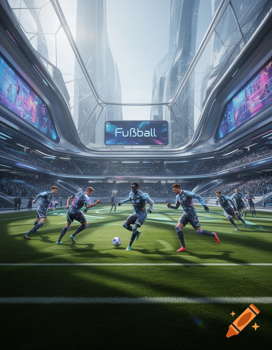 Futuristic soccer match in a gleaming high-tech stadium with players in digital-patterned uniforms and 'Fußball' on the screen.