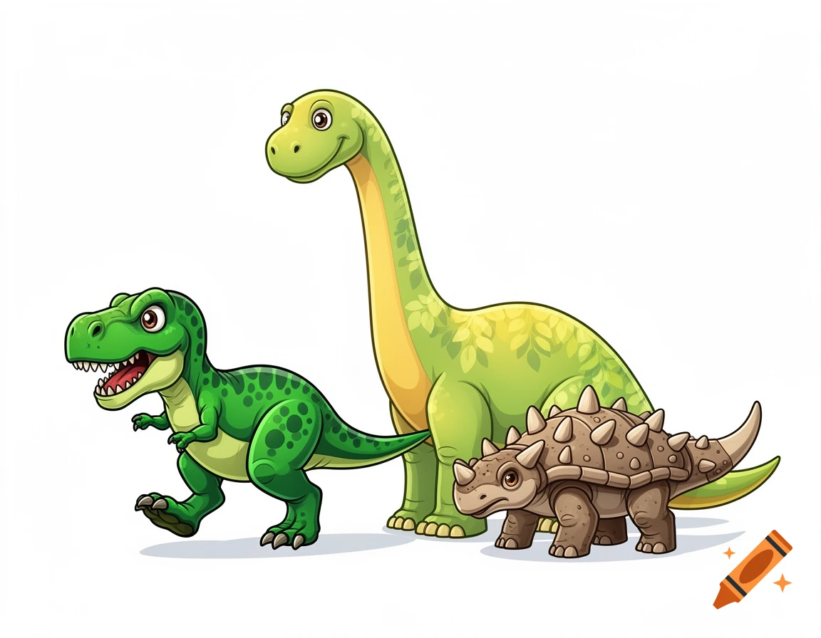 Cartoon Tyrannosaurus, Brachiosaurus, and Ankylosaurus stand on a white background.