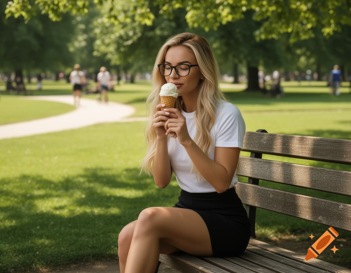 A blonde woman in glasses sits on a park bench, enjoying an ice cream cone on a sunny day.