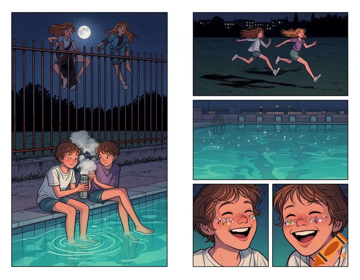 Multi-panel comic showing teenage girls climbing a fence and running at night, and two boys by a pool laughing with face glitter.