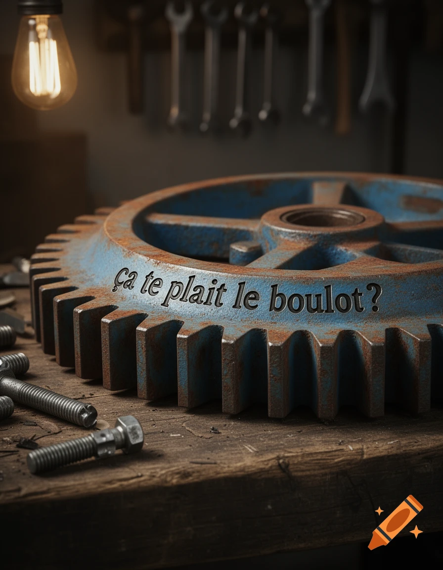 Rusty blue gear with 'Ça te plait le boulot?' engraved, on a wooden workbench in a dimly lit workshop with tools.