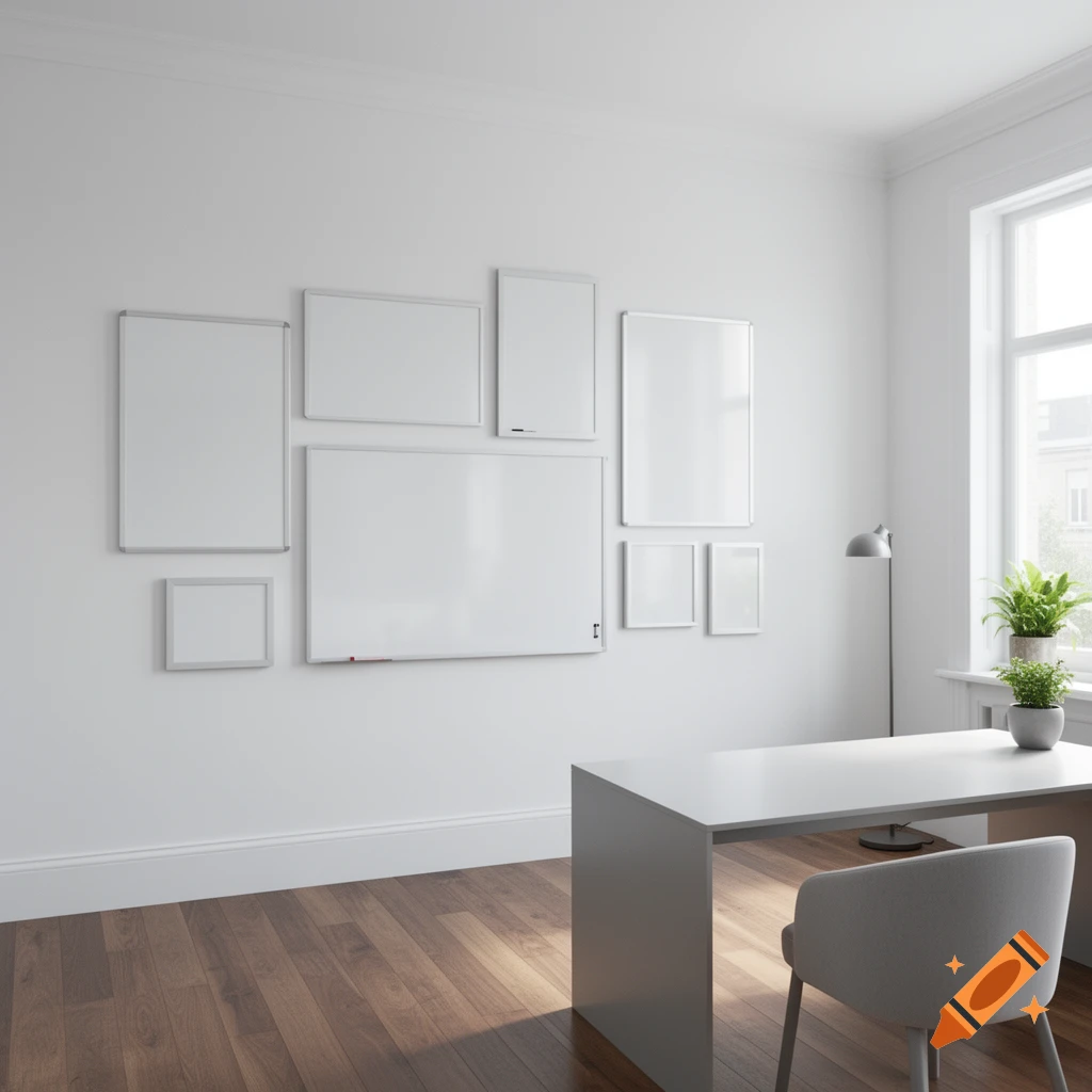 A bright, minimalist room features a white desk and chair, with multiple whiteboards of various sizes mounted on a clean white wall.