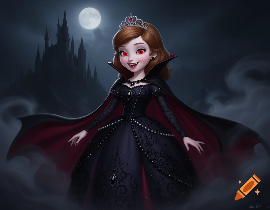 A cartoon vampire princess with brown hair, red eyes, and fangs, wearing a black and red dress and cape, stands before a dark castle under a full moon.