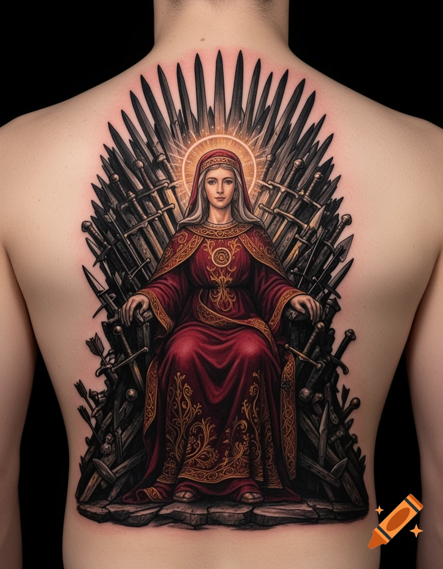 Realistic back tattoo of a woman resembling Saint Barbara with a halo, seated on a throne made of swords and weapons.