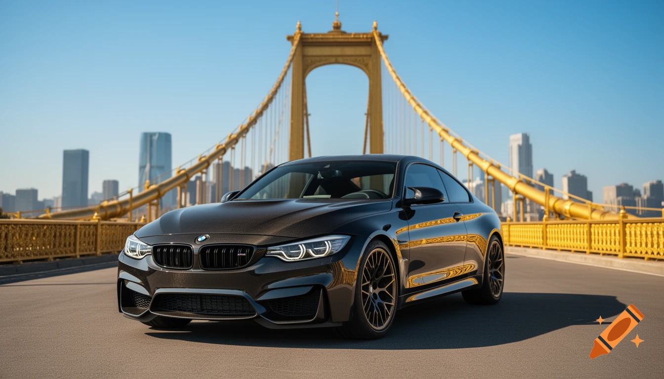 A black BMW M4 with a carbon fiber hood parked on a golden suspension bridge, with a city skyline under a clear blue sky.