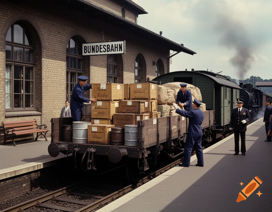 Men in uniform load cargo onto a train flatcar at a Bundesbahn station. A steam locomotive is visible in the background.