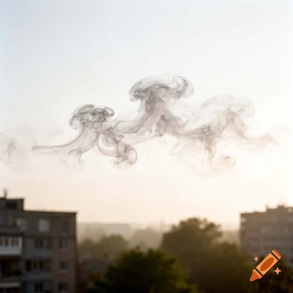 A stylized grey smoke cloud hovers against a light sky with blurred city buildings and trees in the background.