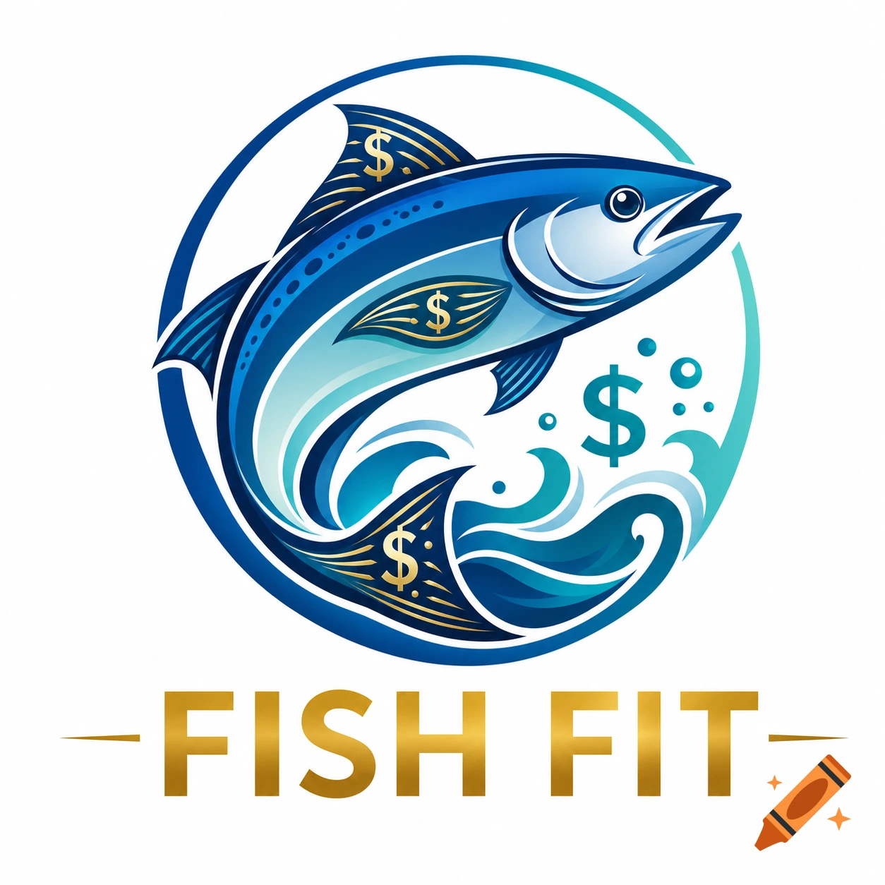 A blue fish with dollar signs on its fins leaps from blue waves within a circular frame. Golden text "FISH FIT" is below.