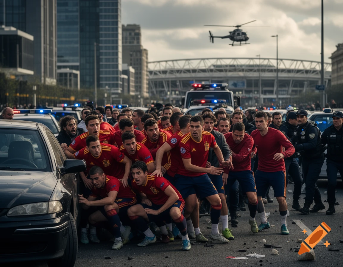 Photorealistic image of Spanish football players looking distressed, hiding behind a black car on an urban street with police and a helicopter in the background.