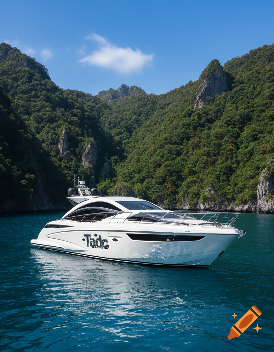 A white luxury yacht with "Tadc" on its side cruises through blue water surrounded by lush green mountains under a clear sky.